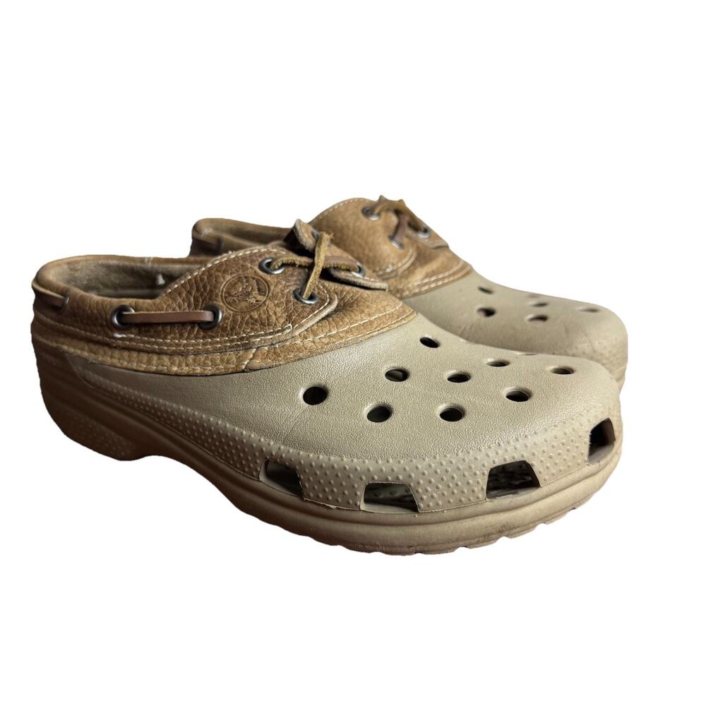 Crocs Islander Pit Crew Shoes SZ M6 / W8 Brown Leather Boat Slip-Ons Beach